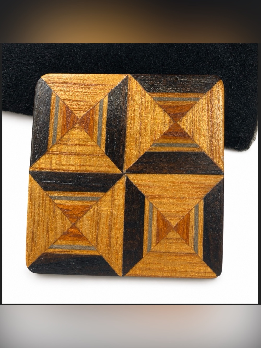 Inlaid Wood Square Brooch Pin Brown Shades Quilt Block Art Craft